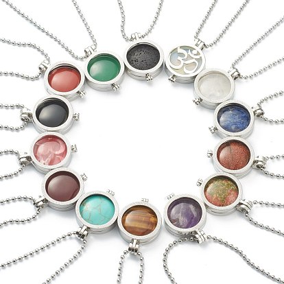 Gemstone Pendant Necklaces, with Platinum Plated Brass Ball Chains, Flat Round with Aum/Om Symbol