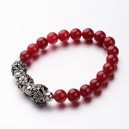 Natural Gemstone Stretch Bracelets, with Antique Silver Alloy Beads, 53mm