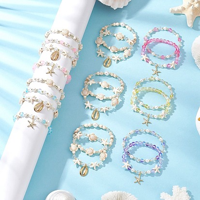 20Pcs 20 Styles Shell Pearl & Glass & Synthetic Turquoise & Synthetic Moonstone Beads Stretch Bracelets & 304 Stainless Steel Charm Bracelets for Women