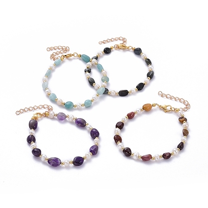Natural Gemstone Beaded Bracelets, with Natural Pearl Beads, Brass Beads and 304 Stainless Steel Lobster Claw Clasps