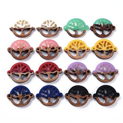 Opaque Resin & Walnut Wood Links Connectors, Two Tone, Flat Round with Tree