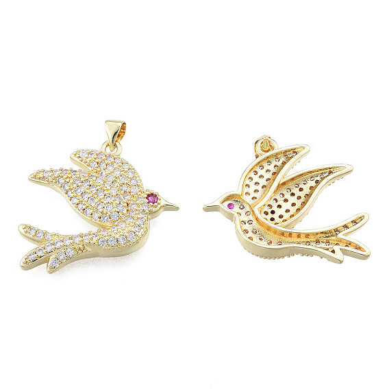 Brass Micro Pave Clear Cubic Zirconia Pendants, with Brass Snap on Bails, Nickel Free, Bird
