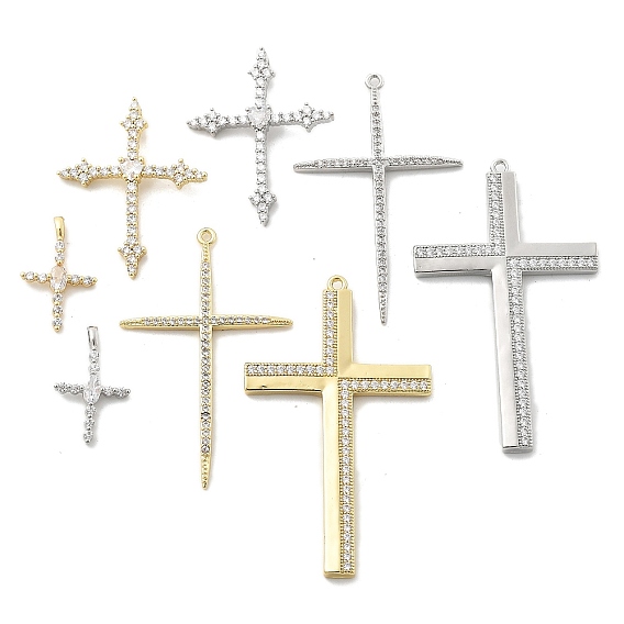 Латунные микропаве прозрачные подвески с фианитом, крестик, стойки покрытие, долговечный, без свинца и без кадмия