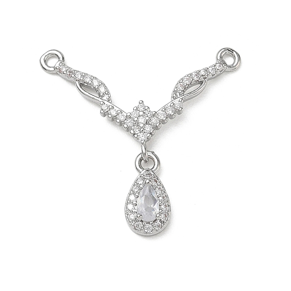 Brass Micro Pave Clear Cubic Zirconia Chandelier Component Links, Twisted V Shape with Teardrop