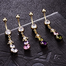 Piercing Jewelry, Brass Cubic Zirconia Navel Ring, Belly Rings, with Surgical Stainless Steel Bar, Cadmium Free & Lead Free