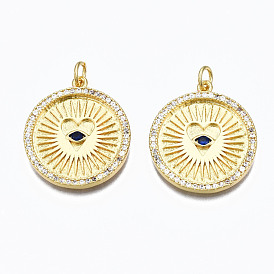 Brass Micro Pave Cubic Zirconia Pendants, with Jump Rings, Nickel Free, Flat Round with Heart