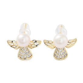 Natural Pearl Angel Stud Earrings, Brass Micro Pave Cubic Zirconia Earrings with 925 Sterling Silver Pins