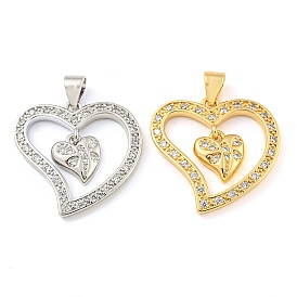 Rack Plating Brass Micro Pave Cubic Zirconia Pendants, Cadmium Free & Lead Free, Long-Lasting Plated, Heart