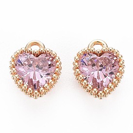 Brass Micro Pave Cubic Zirconia Charms, Nickel Free, Real 18K Gold Plated, Faceted Heart