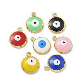 Rack Plating Brass Enamel Pendants, Long-Lasting Plated, Lead Free & Cadmium Free, Real 18K Gold Plated, Flat Round with Evil Eye Pattern