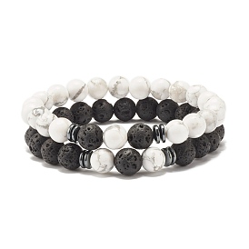 2Pcs 2 Style Natural Lava Rock & Howlite Round Beaded Stretch Bracelets Set with Synthetic Hematite, Oil Diffuser Power Gemstone Jewelry for Women