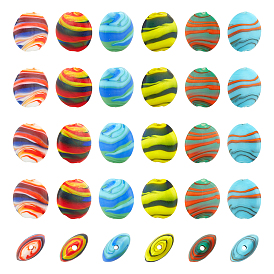 24Pcs 6 Style Handmade Frosted Lampwork Beads, Swirl Lentil Beads, Flat Round