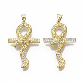 Brass Micro Pave Cubic Zirconia Pendants, Nickel Free, for Easter, Snake Wrapped around Ankh Cross, Clear
