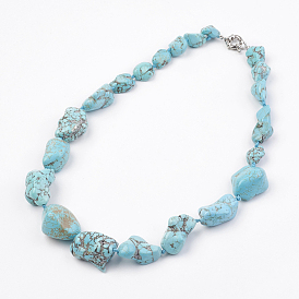 Natural Howlite Graduated Beaded Necklaces, with Brass Findings, Dyed & Heated, Platinum, Nuggets