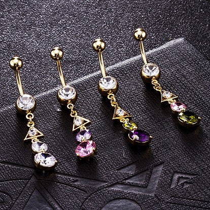 Piercing Jewelry, Brass Cubic Zirconia Navel Ring, Belly Rings, with Surgical Stainless Steel Bar, Cadmium Free & Lead Free