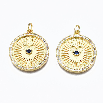 Brass Micro Pave Cubic Zirconia Pendants, with Jump Rings, Nickel Free, Flat Round with Heart