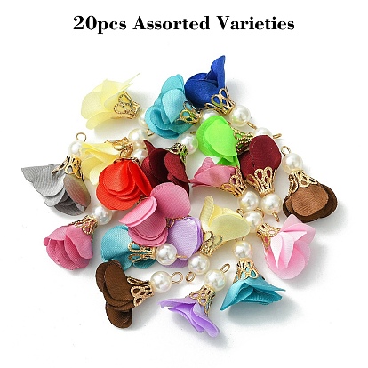 20шт. железные подвески, с тканью и абс пластика имитация жемчуга, цветок, золотые