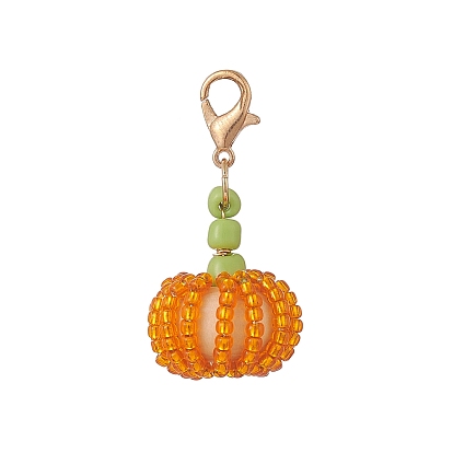 Glass Seed Beads Pendant Decorations, with Wood Beads and Zinc Alloy Lobster Claw Clasps, Pumpkin