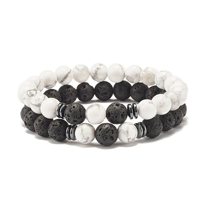 2Pcs 2 Style Natural Lava Rock & Howlite Round Beaded Stretch Bracelets Set with Synthetic Hematite, Oil Diffuser Power Gemstone Jewelry for Women