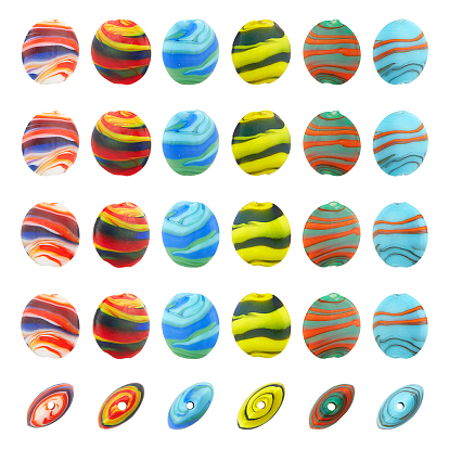 24Pcs 6 Style Handmade Frosted Lampwork Beads, Swirl Lentil Beads, Flat Round