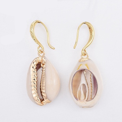 Electroplate Cowrie Shell Dangle Earrings, with Brass Earring Hooks, Real 18K Gold Plated