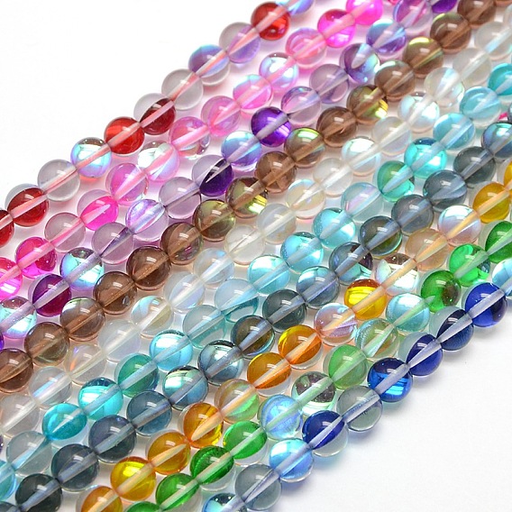 Synthetic Moonstone Beads Strands, Dyed, Holographic Beads, Half AB Color Plated, Round