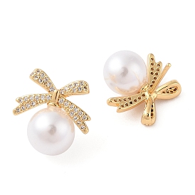 Rack Plating Brass Micro Pave Clear Cubic Zirconia Stud Earrings for Women, with ABS Plastic Pearl, Cadmium Free & Lead Free, Long-Lasting Plated, Bowknot & Round