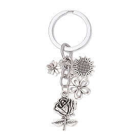 Tibetan Style Alloy Keychains, with Iron Split Rings, Flower