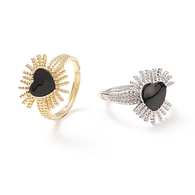 Black Cubic Zirconia Heart Sun Adjustable Ring, Brass Jewelry for Women, Cadmium Free & Lead Free