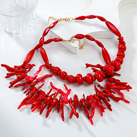 Bohemian and Exaggerated Resin Bib Necklace Sets, with Alloy Lobster Claw Clasp, Rondelle & Coral Shape