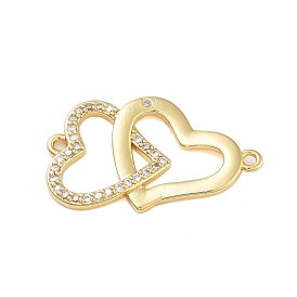 Rack Plating Brass Pave Clear Cubic Zirconia Connector Charms, Double Heart Links, Cadmium Free & Lead Free, Long-Lasting Plated