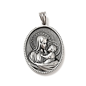 Tibetan Style 304 Stainless Steel Pendants, Religion, Oval with Virgin Pattern Charms
