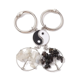 Décorations de pendentif fendu d'arbre de vie de pierre de lune naturelle et d'obsidienne enveloppées de fil, avec alliage d'émail yin-yang et anneaux de fer