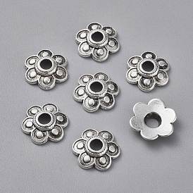 Tibetan Style Alloy Bead Caps, Cadmium Free & Lead Free, Flower, about 15mm in diameter, 3mm thick, hole: 4mm