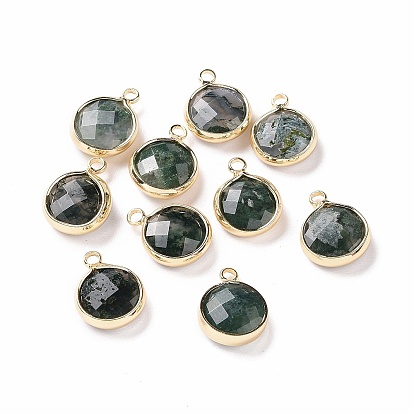 Natural Moss Agate Charms, with Brass Finding, Faceted Flat Round