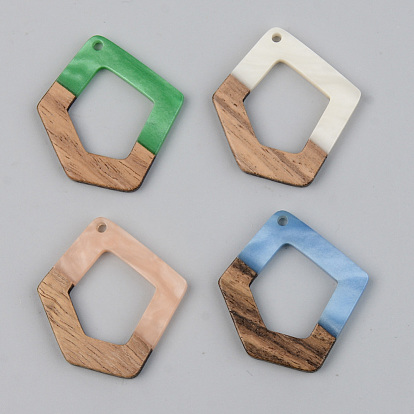 Opaque Resin & Walnut Wood Pendants, Polygon