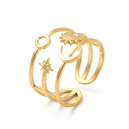 Chapado de iones de estrella, luna y sol (ip) 304 fornituras de anillo de manguito abierto de acero inoxidable, engaste de anillos con bandeja redonda