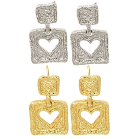 Rack Plating Square with Hollow Heart Brass Stud Earrings, Lead Free & Cadmium Free, Long-Lasting Plated