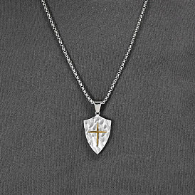 Zweifarbige Halsketten mit Kreuz- und Schildanhänger aus Edelstahl für Herren