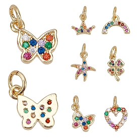 SUNNYCLUE 12Pcs 6 Styles Brass Micro Pave Colorful Cubic Zirconia Charms, with Jump Rings, Nickel Free, Mixed Shapes