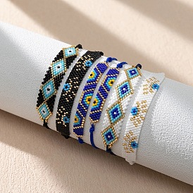 Miyuki Beaded Bracelet with Ethnic Geometric Pattern and Turkish Eye Design