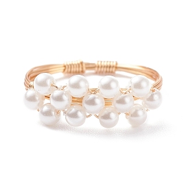 Glass Pearl Braided Bead Ring, Copper Wire Wrap Ring for Women, Light Gold