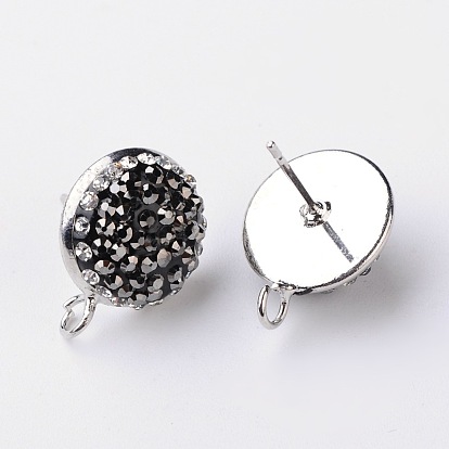 Half Round Brass Grade A Rhinestone Stud Earring Findings, with Loop, 18x14x5~6mm, Hole: 2mm, Pin: 0.9mm