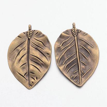 Tibetan Style Alloy Leaf Pendants, Cadmium Free & Lead Free, 52x32x3mm, Hole: 3mm, about 146pcs/1000g