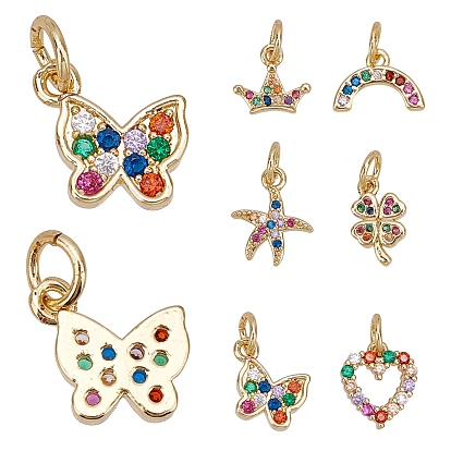 12pcs 6 styles breloques en laiton micro pavé de zircones cubiques colorées, avec des anneaux de saut, sans nickel, formes mixtes