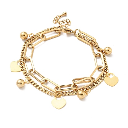 Heart Padlock and Round Ball Charm Multi-strand Bracelet, Vacuum Plating 304 Stainless Steel Double Layered Chains Bracelet for Women