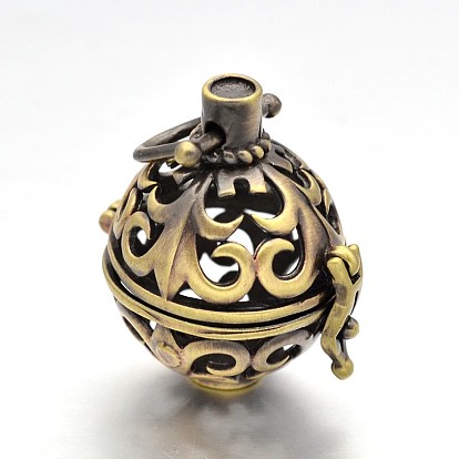 Round Brass Hollow Cage Pendants, For Chime Ball Pendant Necklaces Making, Lead Free & Cadmium Free, 27x24x20mm, Hole: 6x5mm
