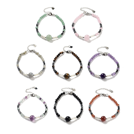 Женские круглые браслеты из натуральных драгоценных камней и синтетических немагнитных гематита и белых ракушек из бисера