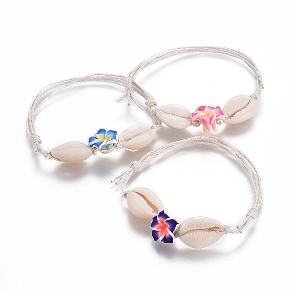 Bracelets chinois en corde de coton ciré, avec coquille et perles de fleur en pâte polymère faites main