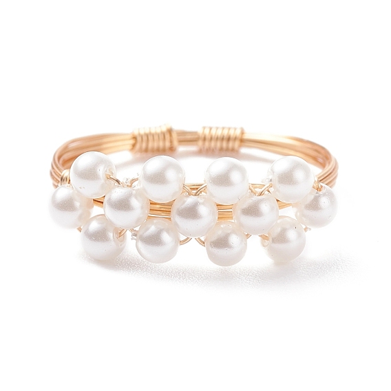 Glass Pearl Braided Bead Ring, Copper Wire Wrap Ring for Women, Light Gold
